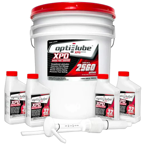 Opti-Lube XPD All-In-One Diesel Fuel Additive: 5 Gallon Pail with Accessories (1 Hand Pump and 4 Empty 8 Ounce Bottles)